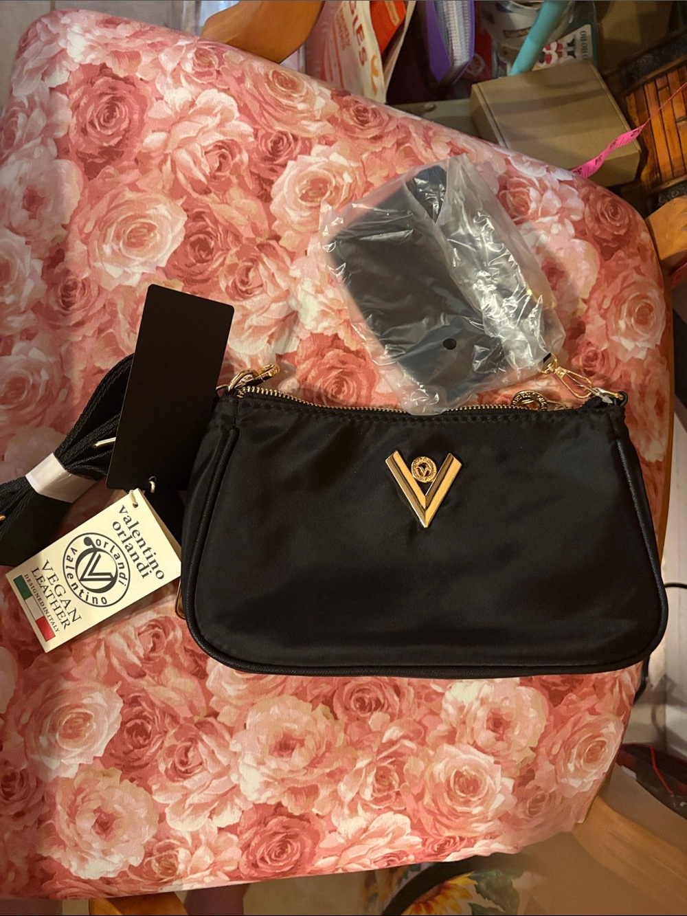 Valentino Orlandi Black Satin Crossbody with Gold V Logo